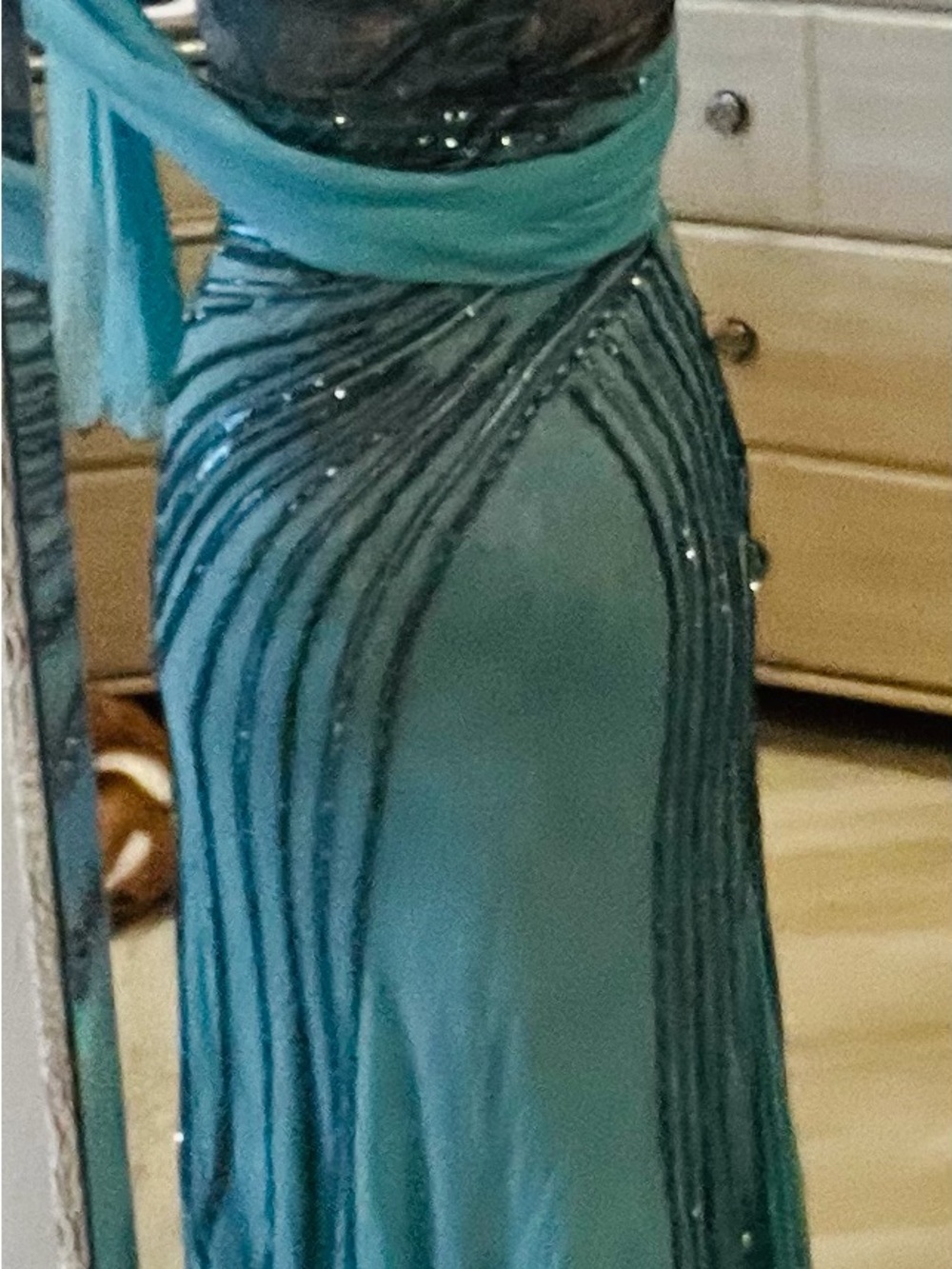 Vintage Alberto Makali Cream, Teal and Gray Silk Blend, Beaded, Lace Formal Gown - Picture 9 of 10